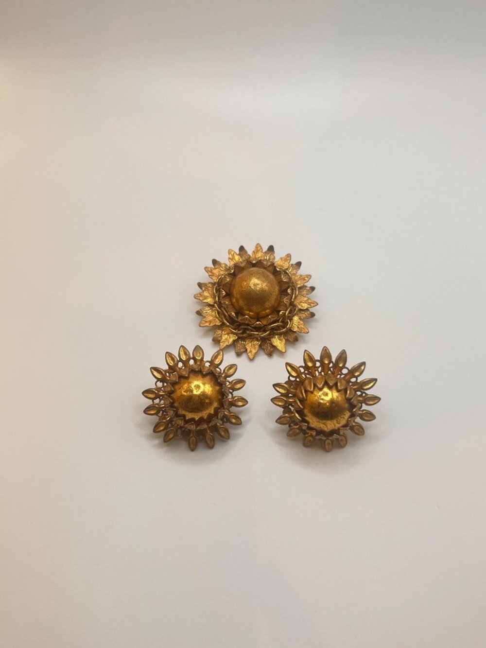 Vintage Signed Miriam Haskell Sunburst Brooch and Clip Earrings Demi Parure